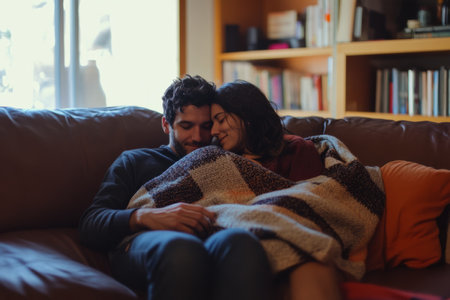 A Brazilian man wrapping a cozy blanket around his wifeÃ¢â¬â¢s shoulders as they cuddle on the couch watching their favorite movie.の素材