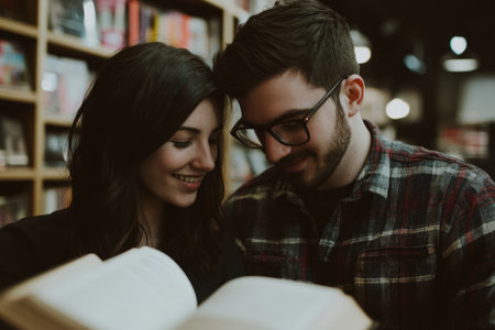 A Caucasian couple in their mid-20s at a bookstore, one partner secretly slipping a love note into the otherâs book.の素材