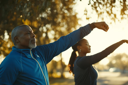 An African American couple stretching together before starting their morning workout.の素材
