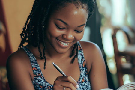 A young Black woman creating a daily gratitude list, writing in a beautiful journal with a warm smile.の素材