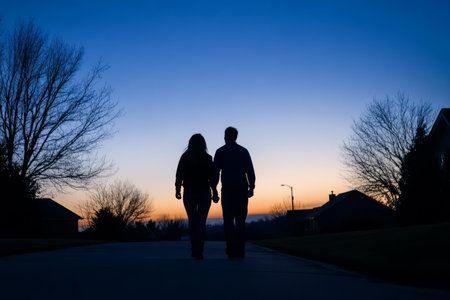 A Caucasian couple walking home at dawn after a long night of talking, still reluctant to say goodbye.の素材