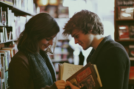 A Caucasian couple in their mid-20s at a bookstore, one partner secretly slipping a love note into the otherâs book.の素材
