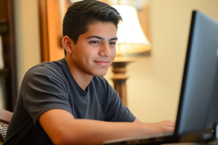 A young Hispanic man taking an online finance course, determined to improve his money management skills.の素材