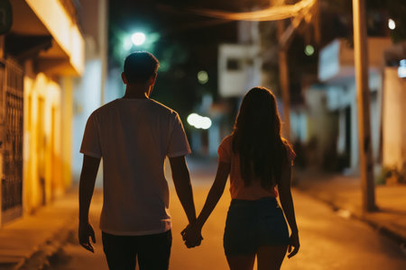 A young Hispanic couple holding hands under the streetlights after a romantic dinner, walking home slowly, savoring the moment.の素材