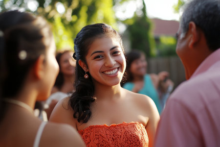 A young Hispanic woman introducing her boyfriend to her family at a lively backyard barbecue, filled with warm smiles and laughter.の素材