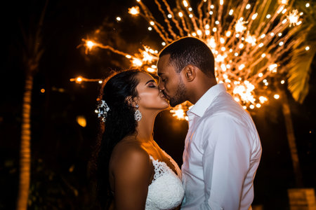 A Brazilian couple sharing their first kiss at a fireworks festival, colors lighting up the night sky.の素材
