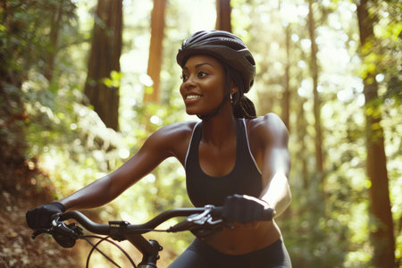 An African American woman cycling through a forest trail, enjoying the fresh air and her fitness journey.の素材