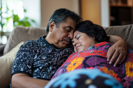 A Hispanic man pressing a soft kiss on his wifeÃ¢â¬â¢s forehead as she peacefully naps on the couch.の素材