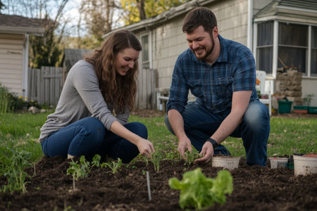 A Caucasian couple setting up their first vegetable garden, planting seeds together with joyful expressions.の素材