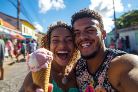 A Brazilian couple taking a selfie with their ice cream cones, laughing as one of them gets a bit on their nose.の素材