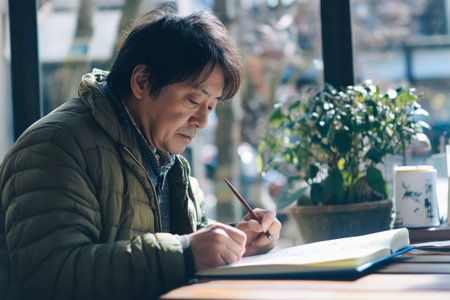 A Japanese man sketching in a notebook at a quiet cafÃÂ©, focused on improving his artistic skills.の素材