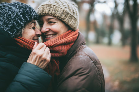 A Brazilian woman tying a scarf around her partnerÃ¢â¬â¢s neck before they head out on a cold morning walk.の素材