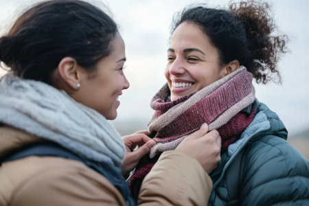 A woman tying a scarf around her partnerÃ¢â¬â¢s neck before they head out on a cold morning walk.の素材