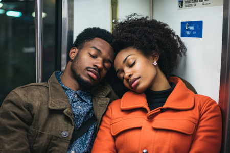 A young African American woman resting her head on her boyfriendÃ¢â¬â¢s shoulder while riding the subway home.の素材
