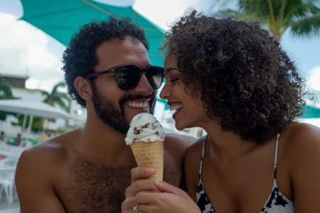 A Brazilian couple sharing an ice cream cone on a hot summer day, taking turns with playful smiles.の素材