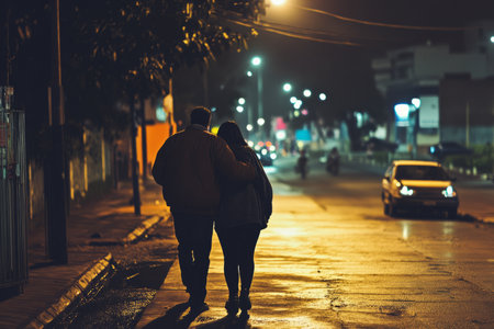 A Brazilian man slipping his jacket over his wifeÃ¢â¬â¢s shoulders as they walk home late at night, keeping her warm.の素材