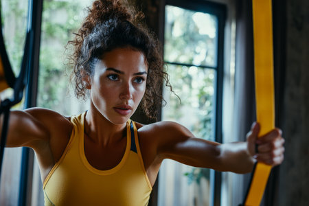 A Caucasian woman doing a home workout with resistance bands, focused on her strength goals.の素材