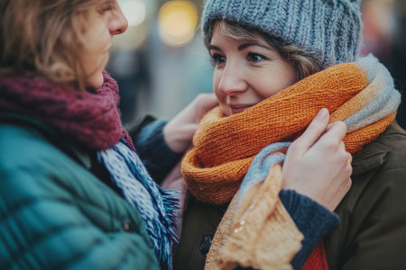 A woman gently adjusting her partnerÃ¢â¬â¢s scarf on a cold winter day, ensuring they stay warm.の素材