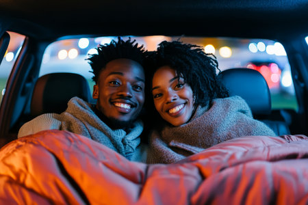 A young Black couple at a drive-in movie theater, cuddled up in the back of a pickup truck under a warm blanket.の素材