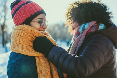 A woman gently adjusting her partnerÃ¢â¬â¢s scarf on a cold winter day, ensuring they stay warm.の素材