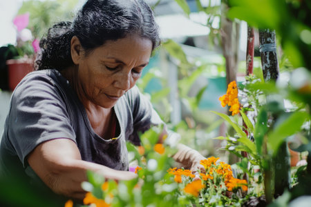 A Brazilian woman planting flowers in her backyard, enjoying the process of gardening.の素材