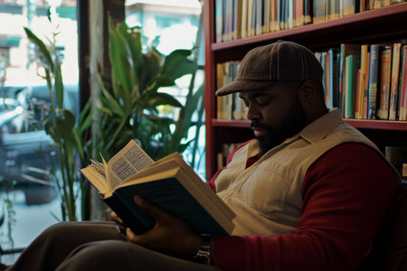 An African American man reading a self-improvement book in a cozy library corner, eager to grow personally and professionally.の素材