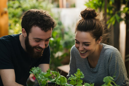 A Caucasian couple setting up their first vegetable garden, planting seeds together with joyful expressions.の素材