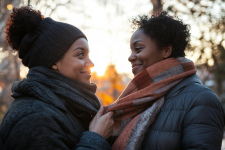 A woman tying a scarf around her partnerÃ¢â¬â¢s neck before they head out on a cold morning walk.の素材
