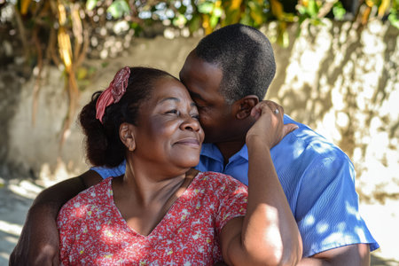 A Black husband gently tucking his wifeÃ¢â¬â¢s hair behind her ear as they sit together on a sunny afternoon.の素材