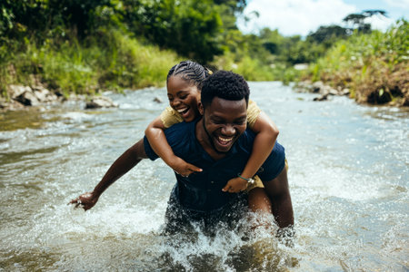 A Black man carrying his wife on his back across a shallow river, both laughing with joy.の素材
