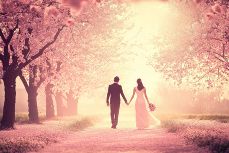 A Japanese couple walking hand in hand through cherry blossoms, their love blossoming like the pink petals around them.の素材