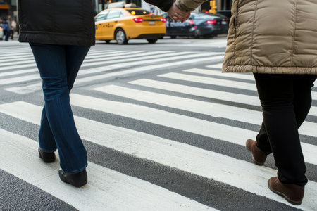 A Caucasian woman holding her partnerÃ¢â¬â¢s hand tightly as they cross a busy street together, ensuring their safety.の素材