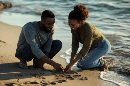 A young Black couple writing each otherÃ¢â¬â¢s names in the sand during a romantic walk on the beach.の素材