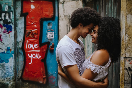 A Brazilian couple sharing a quiet embrace after an emotional first "I love you."の素材