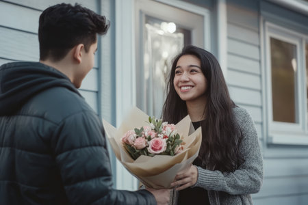 A young Hispanic man nervously giving a bouquet of flowers to his girlfriend outside her house, her face lighting up with joy.の素材
