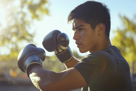 A young Hispanic man practicing boxing at an outdoor gym, training hard to improve his strength and discipline.の素材