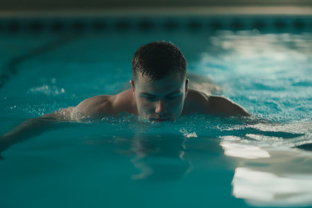 A Caucasian man swimming laps in a pool, determined to improve his endurance and master his technique.の素材