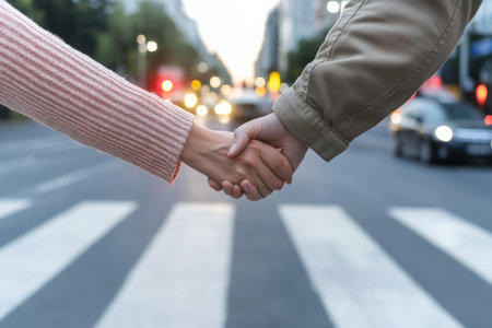 A Caucasian woman holding her partnerÃ¢â¬â¢s hand tightly as they cross a busy street together, ensuring their safety.の素材