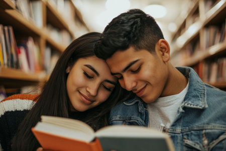 A young Hispanic couple at a bookstore, one resting their head on the otherÃ¢â¬â¢s shoulder while reading.の素材