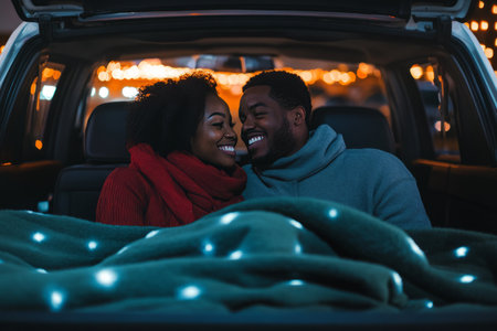 A young Black couple at a drive-in movie theater, cuddled up in the back of a pickup truck under a warm blanket.の素材