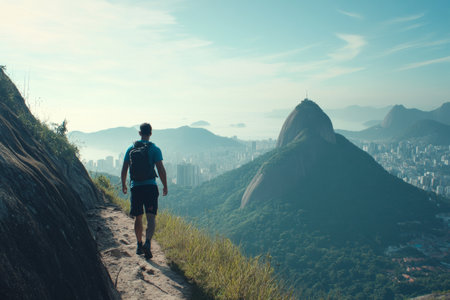 A Brazilian man hiking up a steep mountain trail, determined to reach the summit as part of his personal challenge.の素材