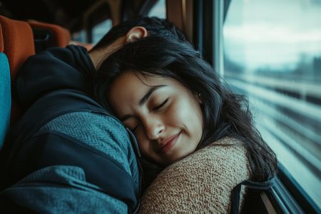 A Hispanic woman resting her head on her partnerÃ¢â¬â¢s shoulder during a long train ride, feeling safe and loved.の素材