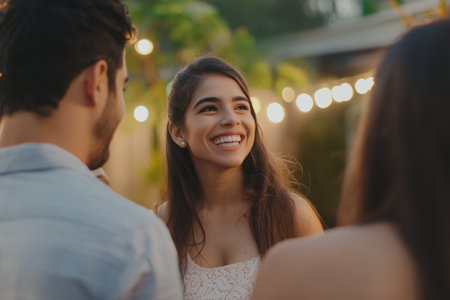 A young Hispanic woman introducing her boyfriend to her family at a lively backyard barbecue, filled with warm smiles and laughter.の素材