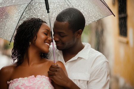 A Black couple sharing an umbrella in the rain, walking close together as raindrops fall around them.の素材