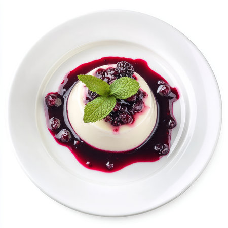 A well crafted Image of a delicate panna cotta, drizzled with berry compote and garnished with a mint leaf, presented on a minimalist white plate. The panna cotta, with its smooth, creamy texture and sweet berry topping, offers an elegant Italian dessert. The refreshing mint complements the sweet and tart berry compote. Isolated on clean white backgroundの素材