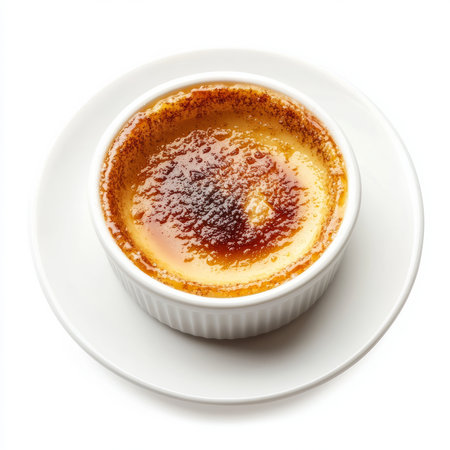 A well crafted image of a delicate crÃÂ¨me brÃÂ»lÃÂ©e, served in a ramekin with a caramelized sugar topping, presented on a white plate. The crÃÂ¨me brÃÂ»lÃÂ©e, with its creamy custard and crispy topping, offers a classic French dessert. The caramelized sugar provides a sweet, crunchy contrast. Isolated on clean white backgroundの素材