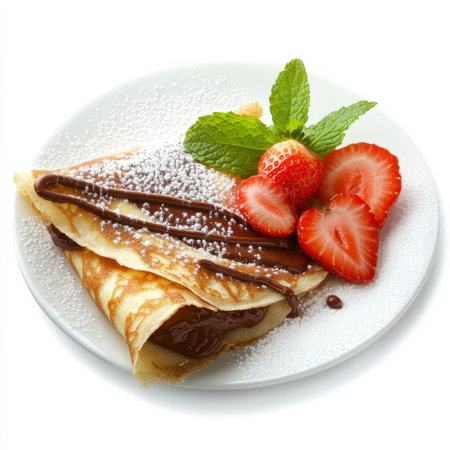 A close-up of a delectable crepe, filled with Nutella and sliced strawberries, dusted with powdered sugar and garnished with a mint sprig. The crepe, with its thin, delicate texture and sweet filling, offers a delightful French dessert experience. The chocolate and strawberry combination is enhanced by the light, airy crepe. Isolated on clean white backgroundの素材