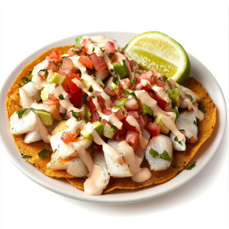 A plate of fish ceviche tostadas, crispy tostadas topped with fish ceviche, avocado, and pico de gallo, drizzled with a creamy chipotle sauce, isolated on clean white background.の素材