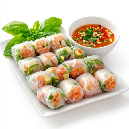 A platter of colorful spring rolls, each filled with fresh vegetables, shrimp, and herbs. The spring rolls, a light and refreshing appetizer, offer a Vietnamese culinary experience. The rice paper wrappers, translucent and delicate, cradle the fillings, while the dipping sauce adds a burst of flavor. Isolated on clean white backgroundの素材