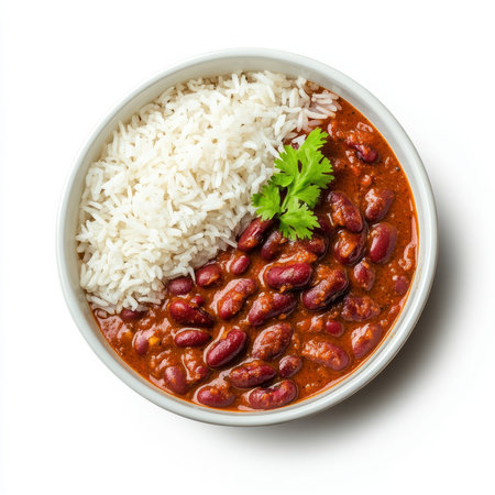 A bowl of rajma chawal, with red kidney beans cooked in a spicy tomato sauce, served with rice, isolated on clean white background.の素材